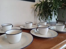 Vintage KER Sweden enamelware cup and plate set of 6 white and blue