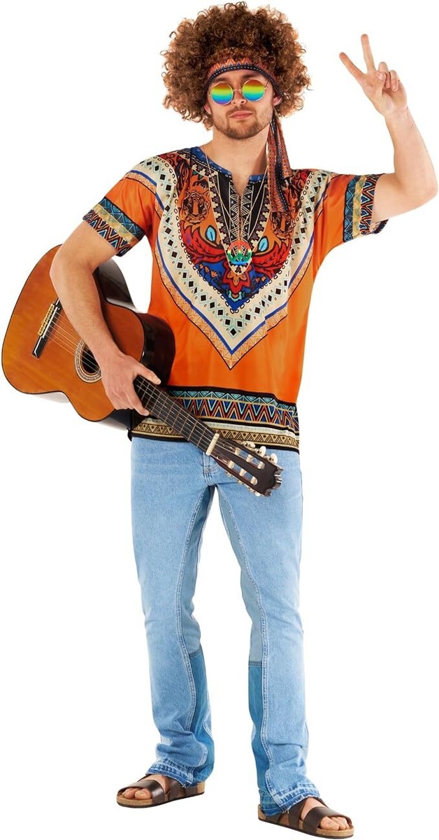 Hippie Kostüm-Set 4-teilig - Afro-Perücke, Peace-Kette, Sonnenbrille, Bart & Haarnetze