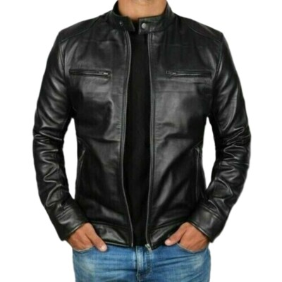 Herren Echt Lammleder Leder Schwarz Café Racer Jacke Biker Motorrad Jacke