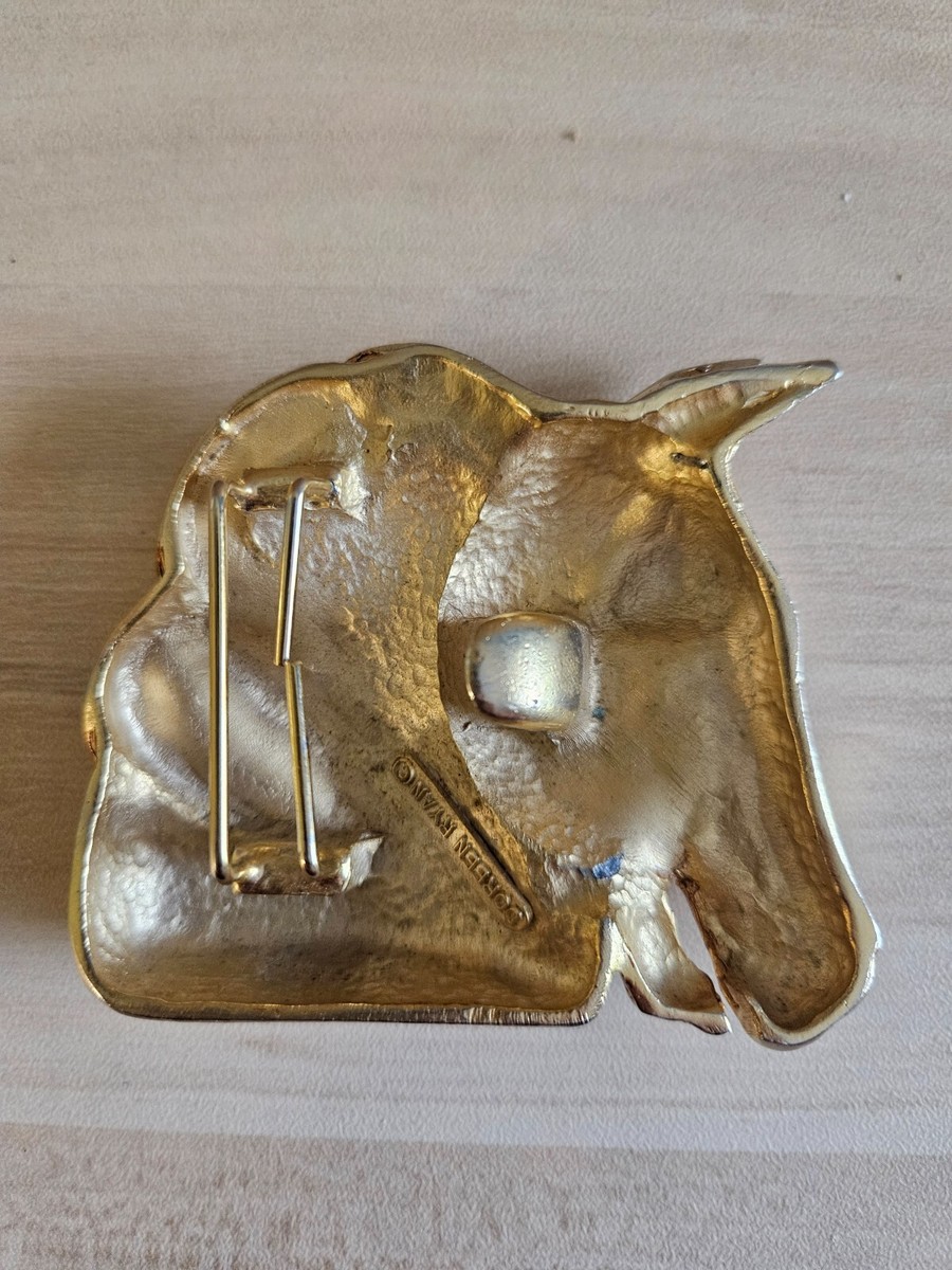 Vtg Doreen Ryan Belt Buckle Gold Double Horses Stallion Heads Equestrian Western Vintage Doreen Ryan Horse Belt Buckle Double Head Brass Gold  main image 4
