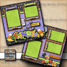 HALLOWEEN CANDY trick or treat 2 premade scrapbook pages paper layout DIGISCRAP