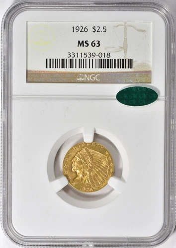 1926 INDIAN HEAD $2.5 QUARTER EAGLE GOLD NGC MS63 CAC