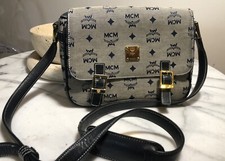 Authentic MCM Navy Monogram Canvas Leather Messenger Small Crossbody Bag