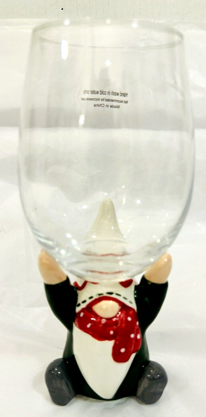 New Gnome Holding Wine Glass Holiday Christmas Bar Ware 8”