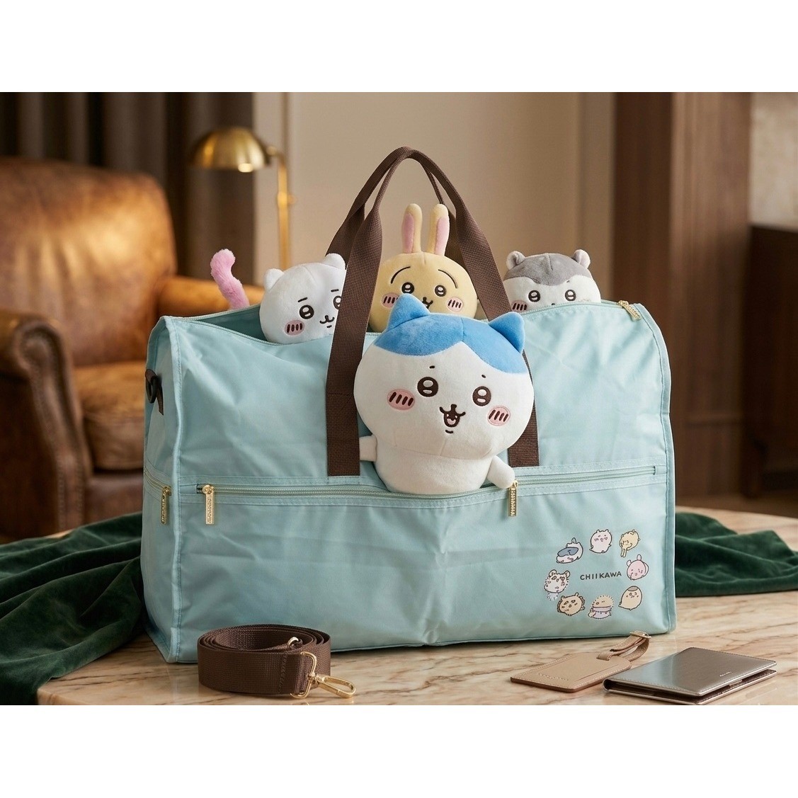 Chiikawa Foldable Travel Duffle Bag Light Blue Character Print