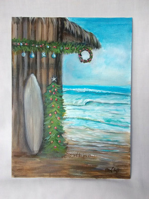 Christmas Beach Coastal Seaside Original Painting 11''x14'' Canvas Decor Wall  Art
