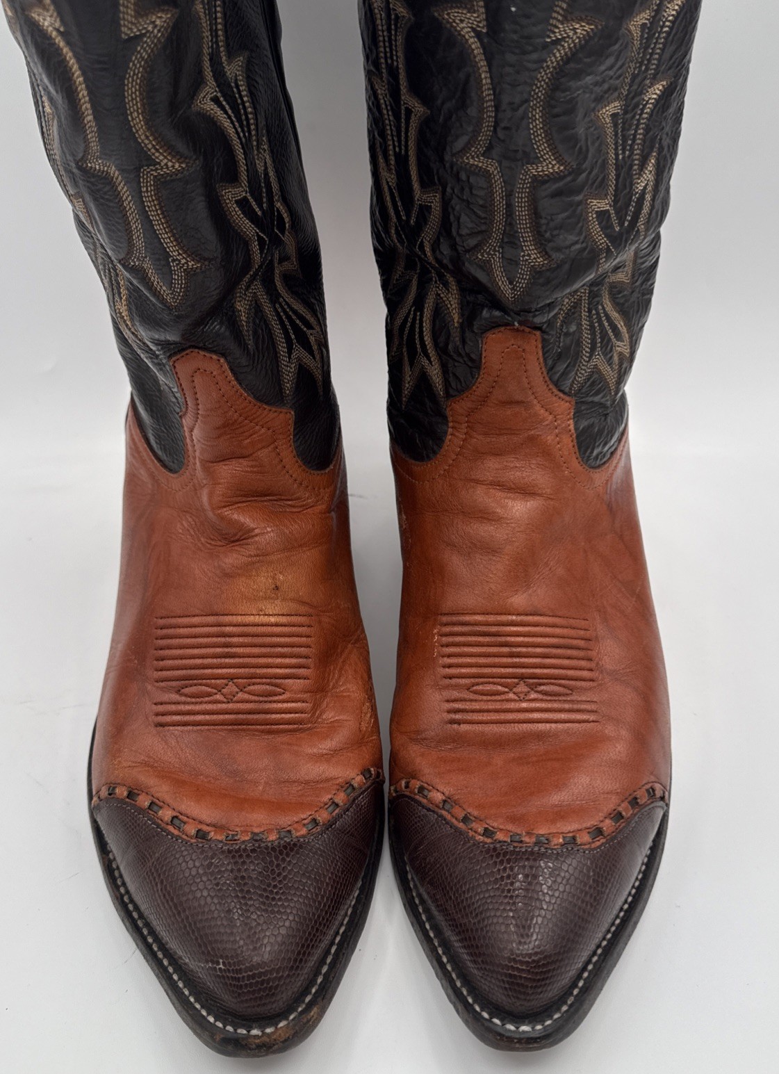 Vintage Men’s Tony Lama Cowboy Boots Two Tone Brown Lizard Wingtip Toe 11.5D USA