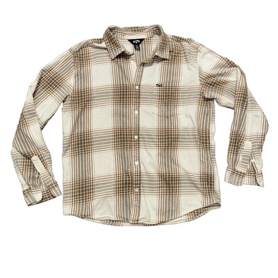 Billabong Coastline Plaid Flannel Button Shirt Men's Size Medium White Tan Brown