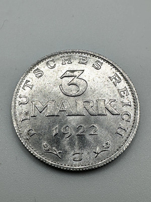 Germany 1922-J 3 Mark Coin Weimar Republic KM#29 Uncirculated