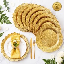 100 Pcs Gold Charger Plates 13Inch Plastic Charger Plates Bulk Round Ruffled Rim