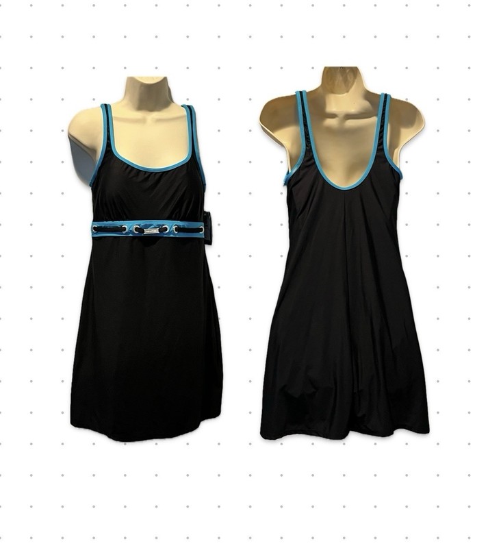 NWT Nautica Black Swim Dress Tankini One Piece Nautical With Logo Belt Size 12