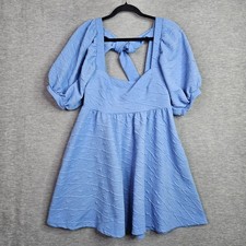 Free People Blue Square Daytime Puffy Sleeve Tie Back Mini Dress Size S