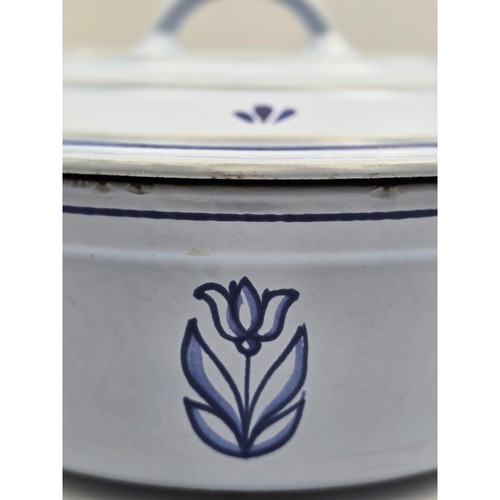 Vintage blau Blumen Guss Emaille Kasserolle Topf mit Deckel Dutch Oven Stil - Bild 11 von 12