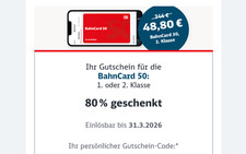 BahnCard 50 Deutsche Bahn 80% Rabatt Gutschein 1. oder 2. Klasse
