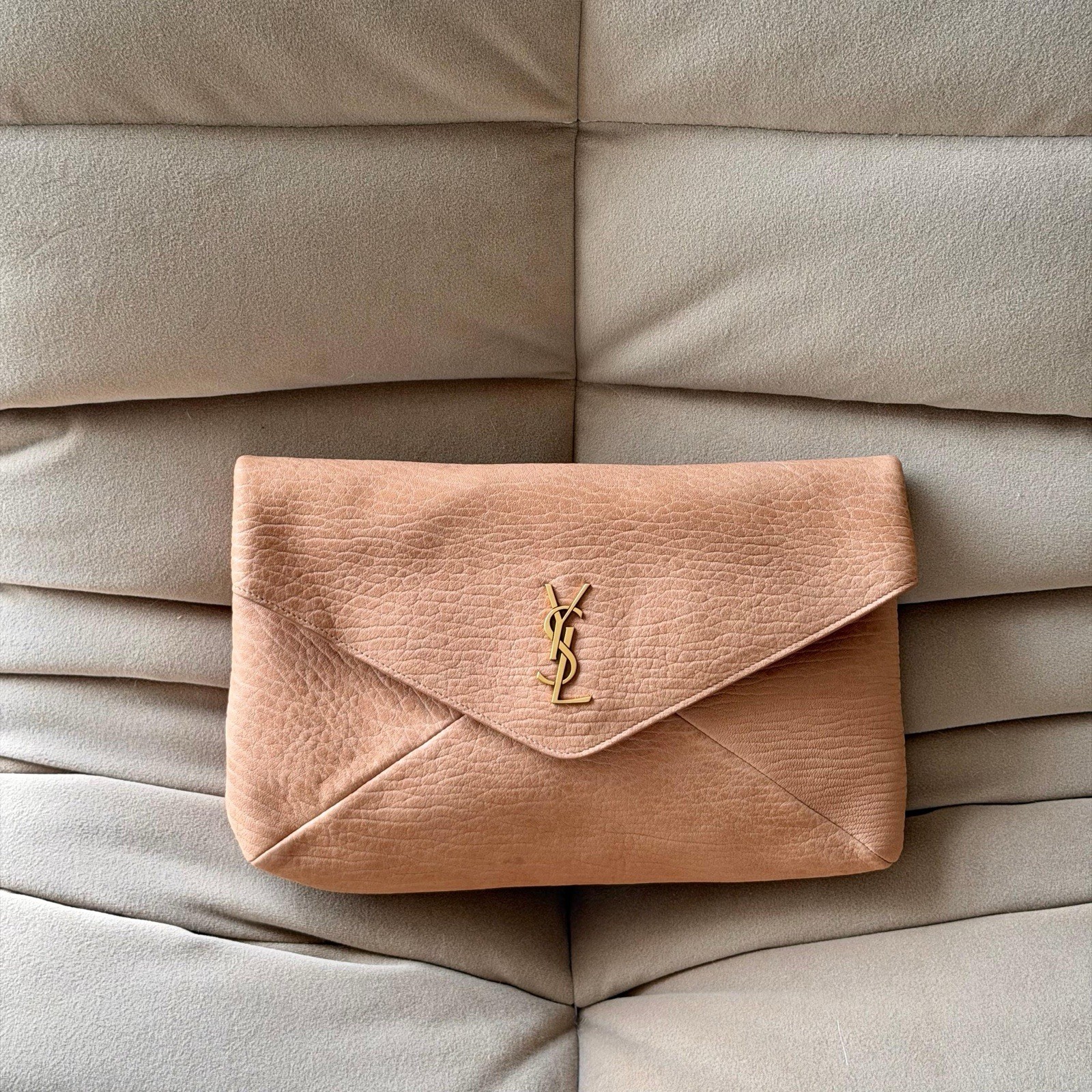 Saint Laurent YSL Cassandre Large Envelope Nubuck Honey Caramel Clutch Pouch Bag