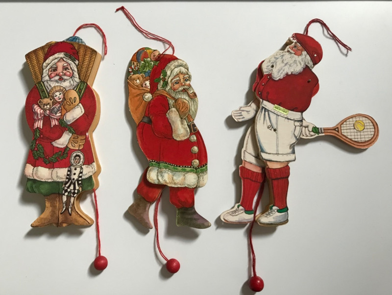 LOT OF 3 VINTAGE PULL STRING WOOD ORNAMENTS RED BALL 1980's SANTA CHRISTMAS