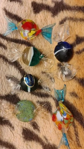 Vintage Art Glass Murano Candy Hand Blown 6 Crystal Candies Handmade Italy/Label