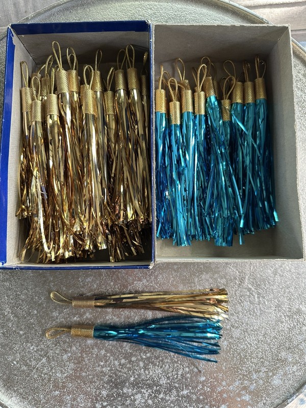 Vintage Christmas Hanging Foil Tinsel Tassel Ornaments Gold & Blue -55 total