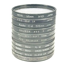 Lot of Ten 10 55mm Screw-In Lens Filters UV Cross Screen 2 Polarizing Skylight