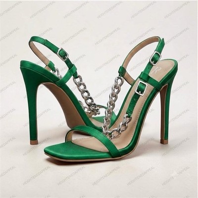 RAID Wide Fit Green Satin Chain Link Stiletto Sandals High Heels Women's Size 9