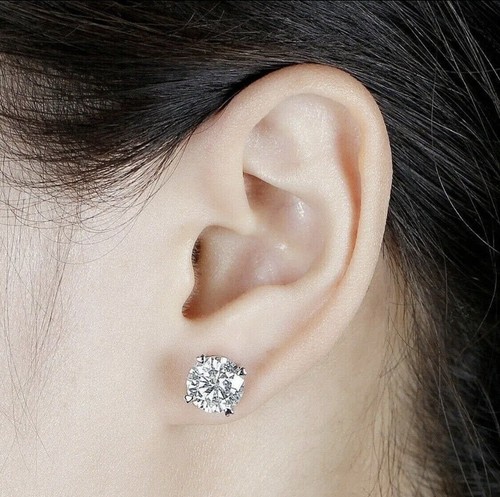 Boucles d'oreilles clous en moissanite coupe ronde 8 ct or blanc 14 carats vis arrière 10 mm - Photo 1 sur 12