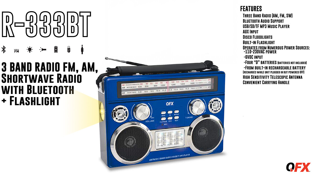 QFX Blue Portable Retro AM/FM/SW 3-Band Radio With Flashlight