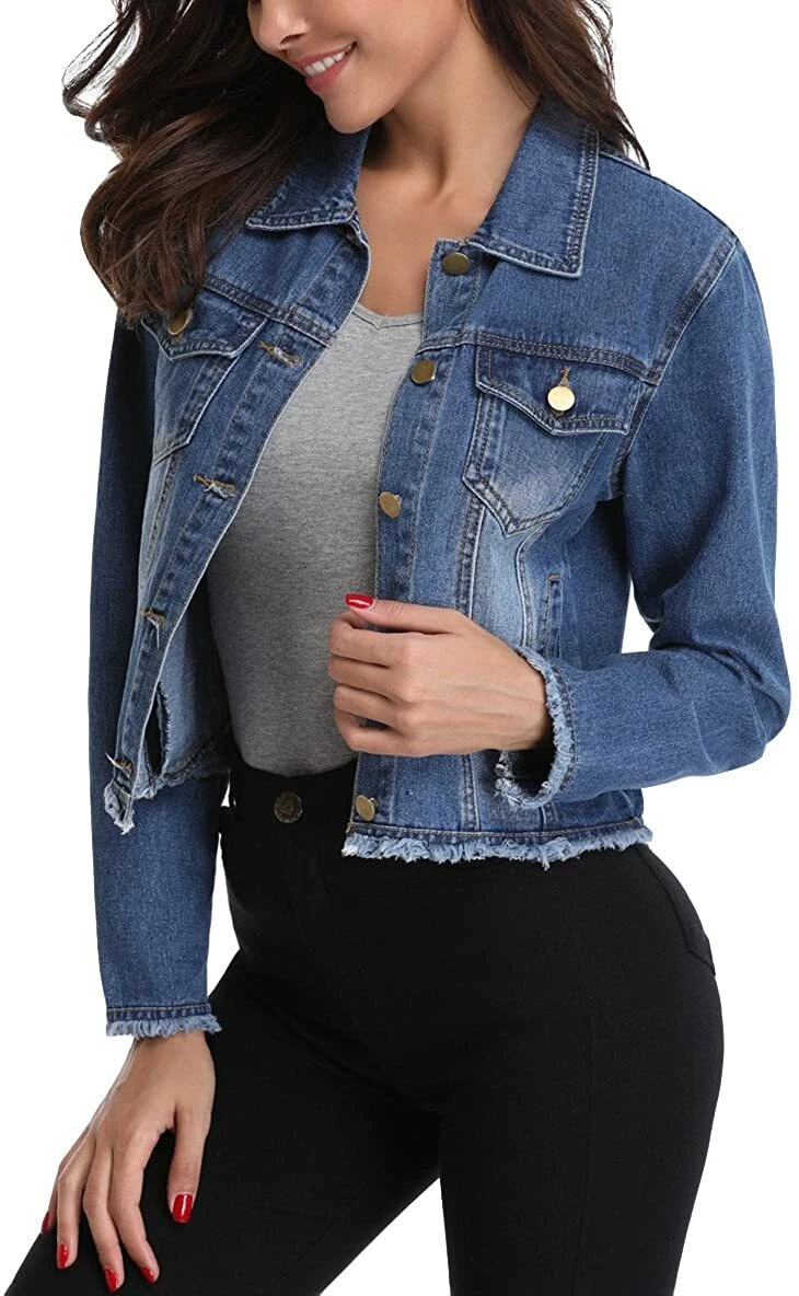 MISS MOLY Jean Jacket Women s Frayed Washed Button Up Cropped Denim Jacket w 2 S