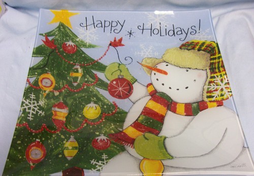 CHRISTMAS PFALTZGRAFF PLATTER 'Happy Holidays' Decal 12" Sq .Glass Platter -(A1) - Picture 2 of 5