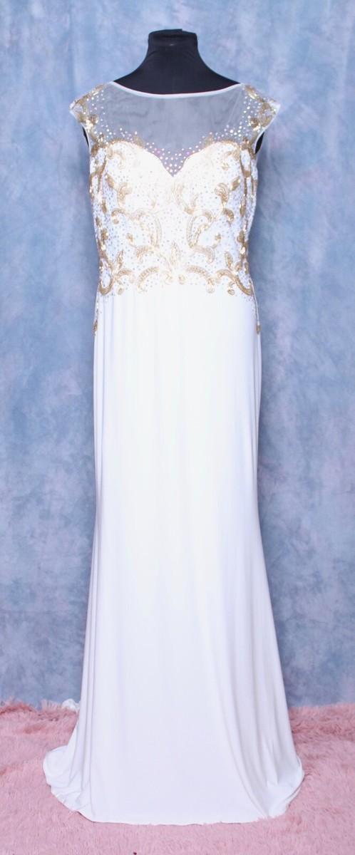 white jersey prom dress NIGHT MOVES BY ALLURE GOLD BEADED MESH FORMAL GOWN 14 Wedding dress