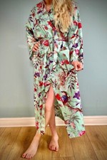 Indian Light Green Bird Night Suit Kimono Cotton Robe Long Kimono Sleepwear US