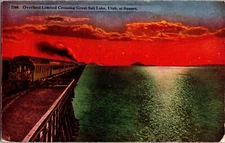 Postcard OVERLAND LIMITED CROSSING GREAT SALT LAKE, UTAH AT SUNSET
