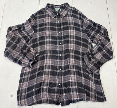 Nostalgia Gray Pink Button Down Plaid Flannel Long Sleeve Crochet Back Size XL