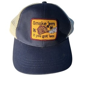 Trucker Hat With "Smoke Em If You Got Em" Patch Navy Cotton Front Beige Mesh Ba