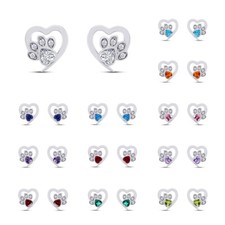 Cat Paw Print Stud Earrings Simulated Birthstone 14K White Gold Plated Sterling