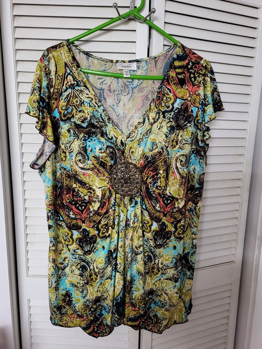 dress barn sequin tops Dressbarn-Top 2X-Bell Sleeves-Tunic-Sequin Centerpiece in Front-Made in USA