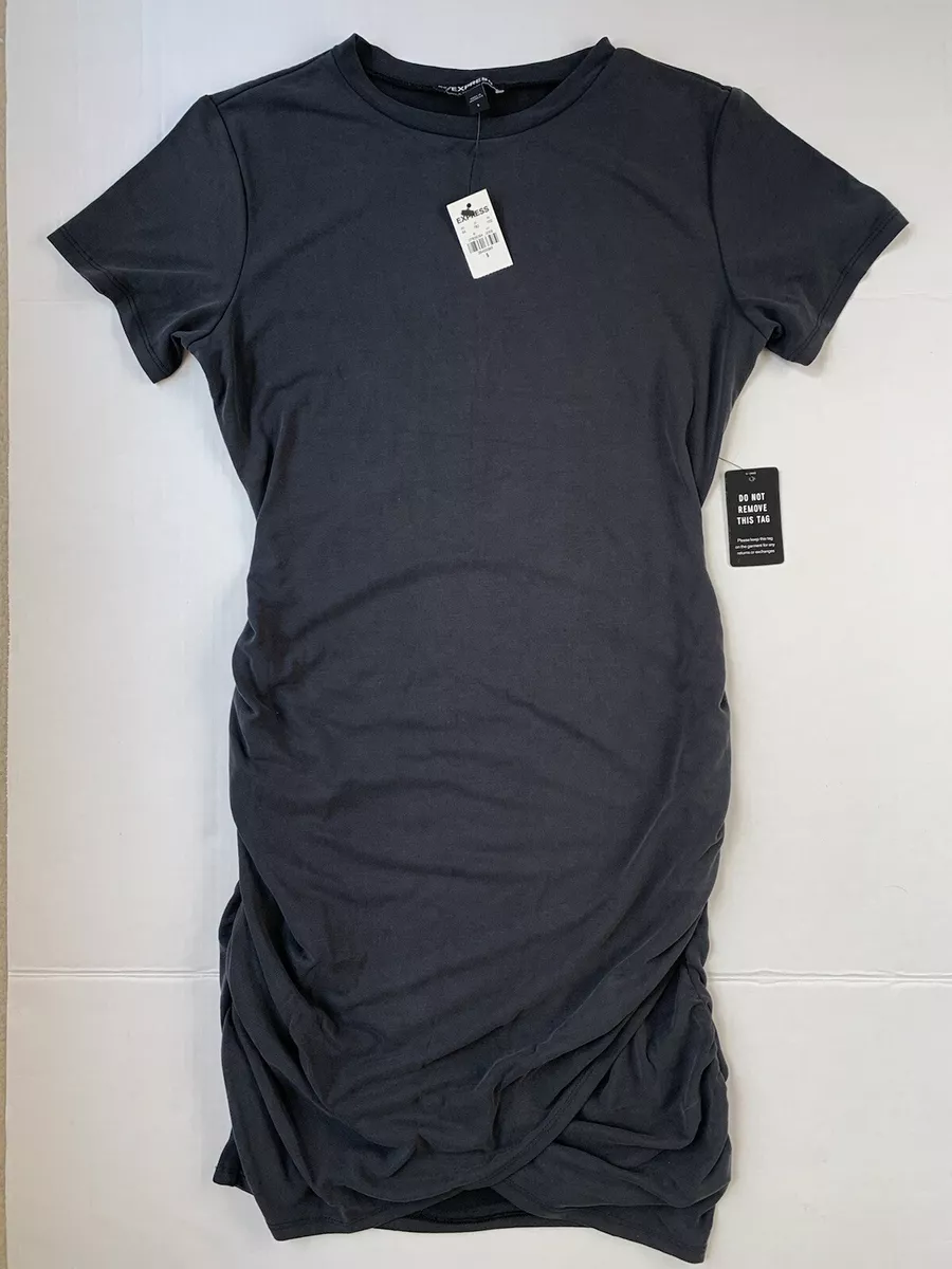 EXPRESS Silky Sueded Jersey Ruched T Shirt Dress Charcoal Gray Small NEW