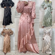 Dubai Abaya Satin Muslim Women Long Sleeve Maxi Dress Kaftan Robe Islamic Gown