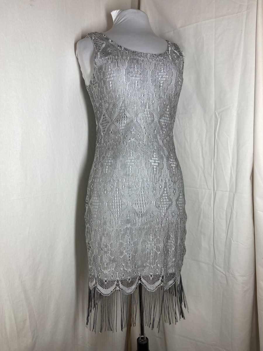 Venus Silver Lace Sleeveless Bodycon "Flapper" Dress w/ Fringe- Women's  Small