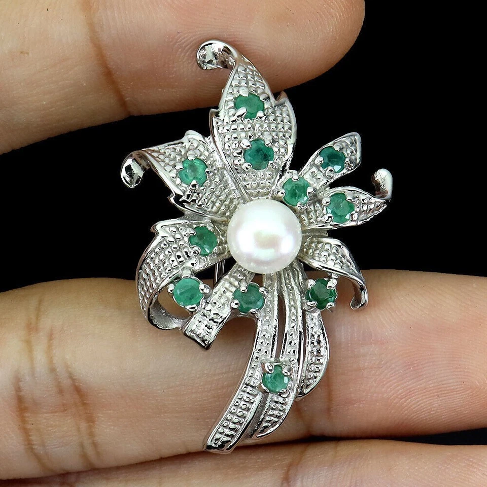Round Cut Simulated Emerald Pearl Gorgeous Brooch 2.5Inc 14K White Gold Plated - Изображение 2 из 3