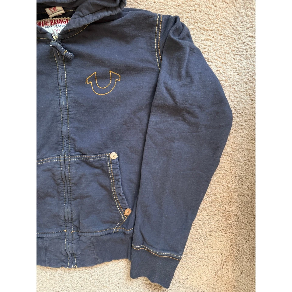 Moletom com capuz True Religion masculino 2XL azul marinho com zíper grande costura T manga longa - Imagem 2 de 4