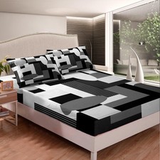 Geometric Fitted Sheet Full Size Black White Gray Bedding Set for Boys Girls ...