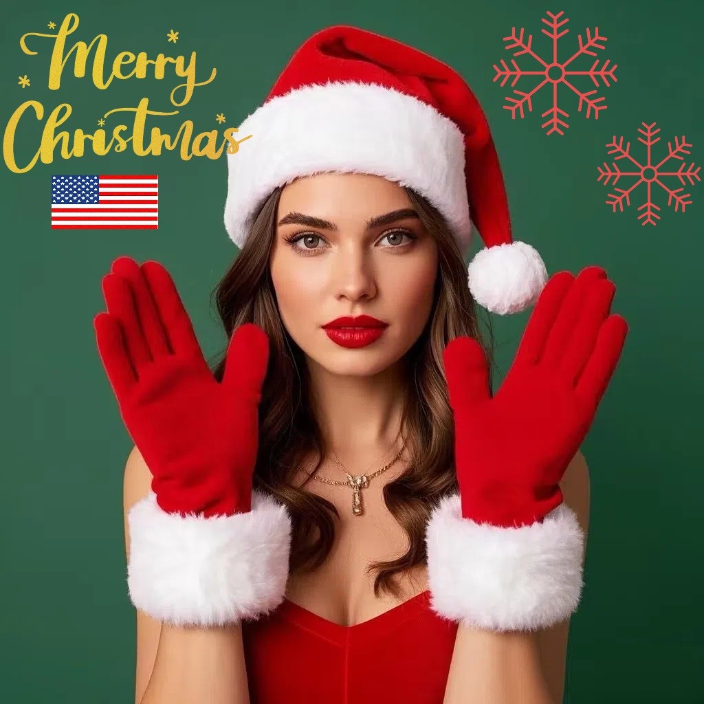 × Christmas Hat Velvet Shawl Cloak Cape Robe Gloves Party
