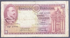 PORTUGAL P-143 20 Escudos 1940 Nice Grade 