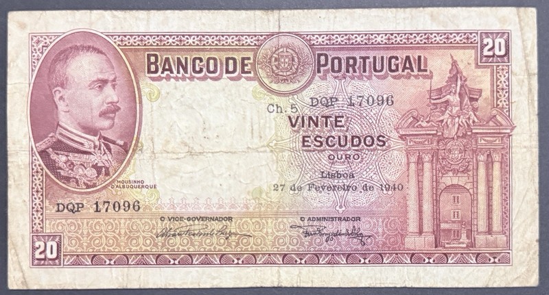 PORTUGAL P-143 20 Escudos 1940 Nice Grade 