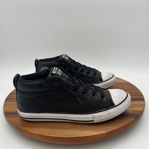 Size 4.5 Y Converse CTAS Big Kids Black Leather Mid Top Athletic Sneakers Shoes - Picture 1 of 12
