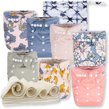 Cloth Diapers 7 Pack with 7 Inserts  1 Wet Bag - Waterproof Cover, Washable, Re