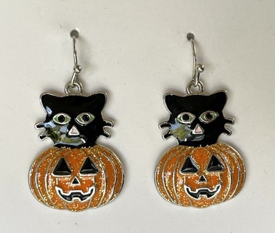 Halloween Earrings Black Cat in Pumpkin Jack O Lantern Enamel Pierced New NIP