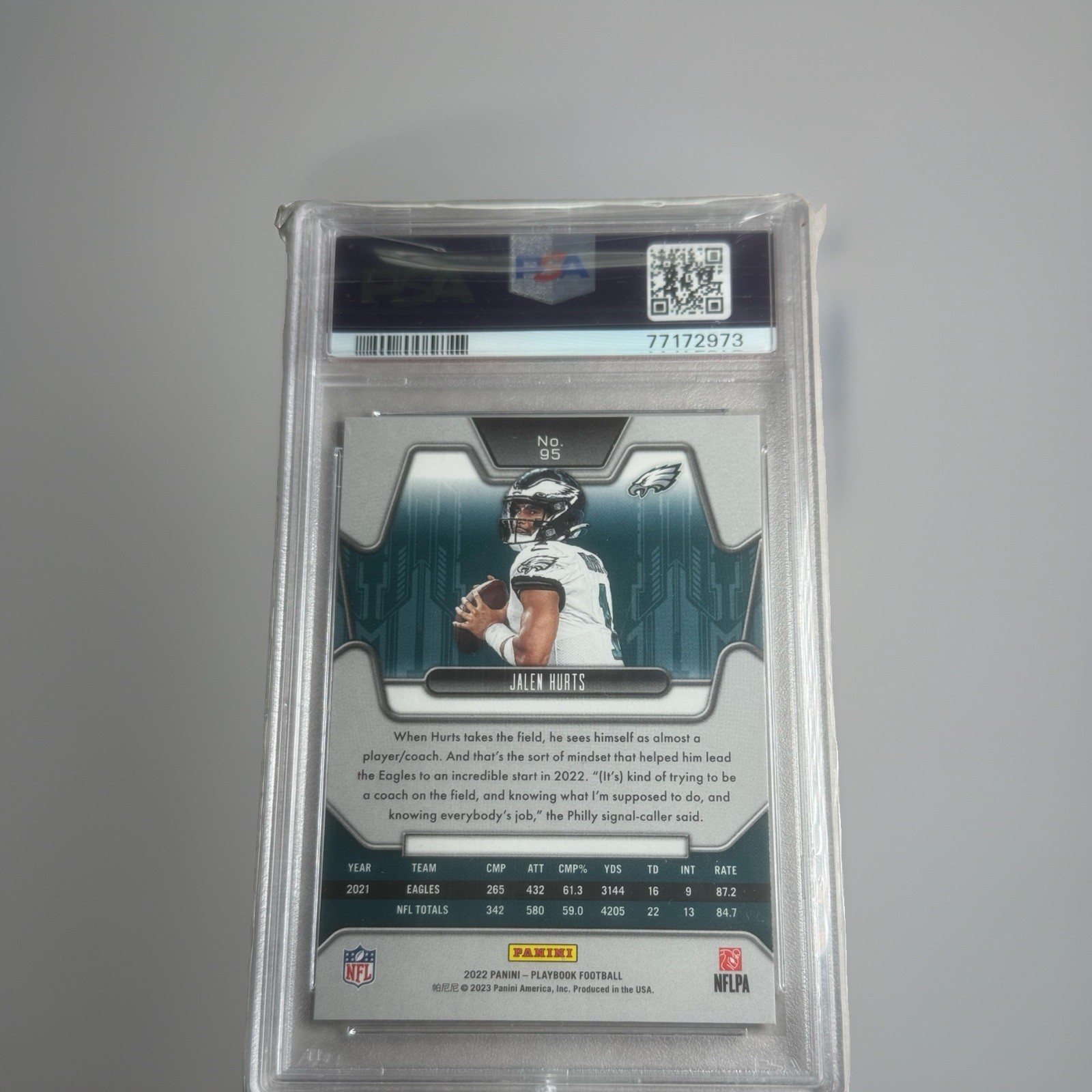 Panini 2022 Playbook Jalen Hurts Eagles #95 Platinum /25 PSA 10 view 2