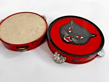 Vintage T Cohn Halloween Tin Tambourines Black Cat Moon Witch Lot Of 2 Graphics