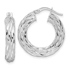 14k White Gold Polished 4.75mm Woven Texture Round Hoop Earrings L-24.9 mm